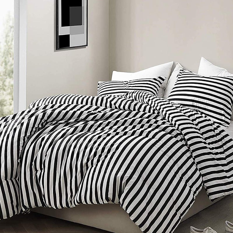 CLOTHKNOW Striped Queen Comforter Set Black White Bedding Comforter Sets All Season Farmhouse Comforter Queen with 2 x Pillow Cases - Image 4